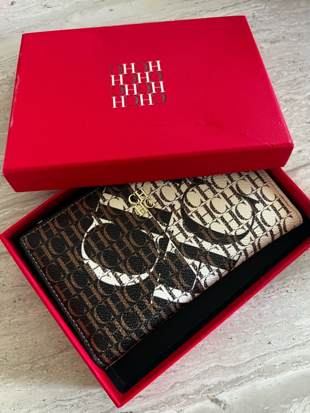 Carolina Herrera Brown and Cream Monogram Card Holder